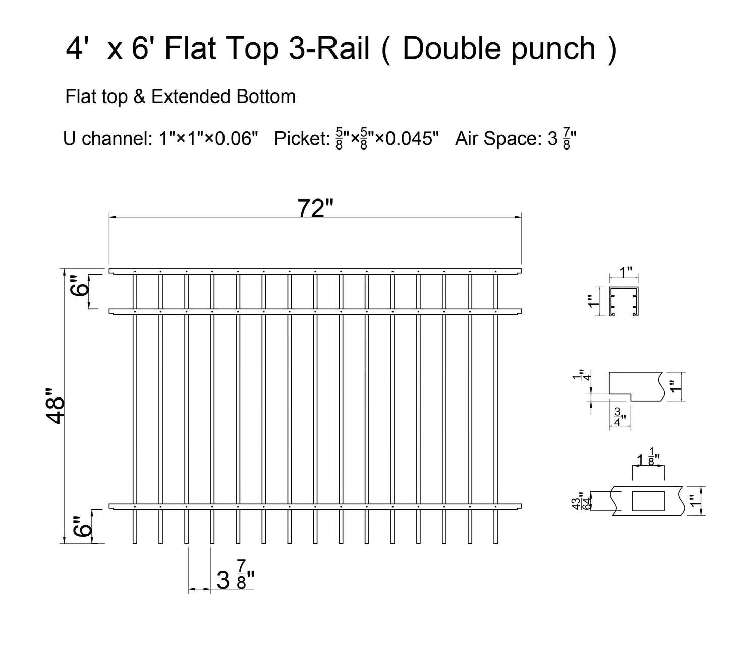 [PRICE PER FOOT] Ornamental Aluminum Flat Top 4' Tall 3-Rail Fence Panel with 3-7/8" Air Space