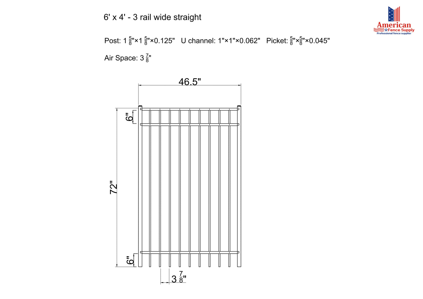 Ornamental Aluminum Flat Top 4' Wide x 6' Tall 3-Rail Gate with 3-7/8" Air Space