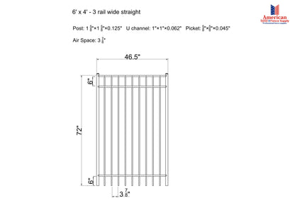 Ornamental Aluminum Flat Top 4' Wide x 6' Tall 3-Rail Gate with 3-7/8" Air Space