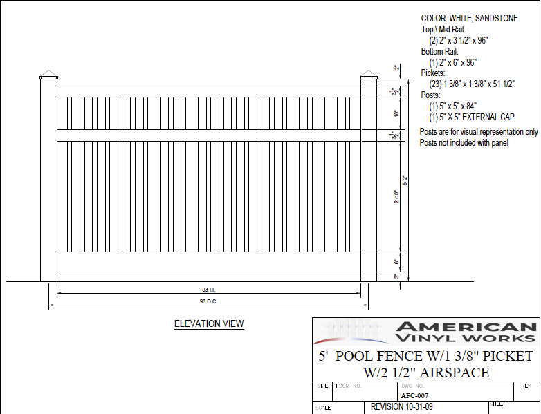 [AFC-007] 5' Tall x 8' Wide Closed Picket Pool Fence with 2-1/2" Air Space For Vinyl Fences