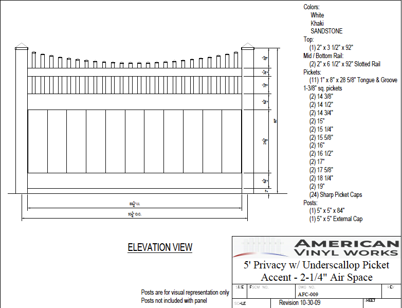 [AFC-009] 5' Tall x 8' Wide Privacy Fence with Underscallop Picket Accent with 2-1/4" Air Space For Vinyl Fences