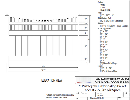 [AFC-009] 5' Tall x 8' Wide Privacy Fence with Underscallop Picket Accent with 2-1/4" Air Space For Vinyl Fences