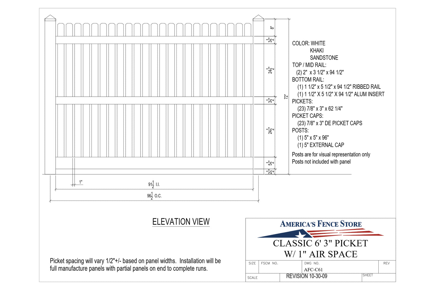 [AFC-C61] Classic 6' 3" Picket w/1" Air Space For Vinyl Fences