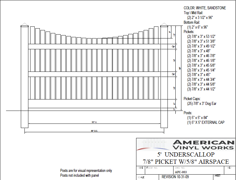 [150 Feet Of Fence] 5' Tall Underscallop 5/8" Air Space AFC-003 Vinyl Complete Fence Package