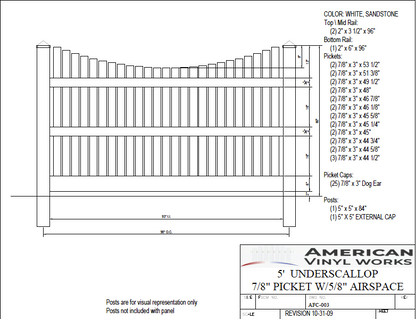 [150 Feet Of Fence] 5' Tall Underscallop 5/8" Air Space AFC-003 Vinyl Complete Fence Package