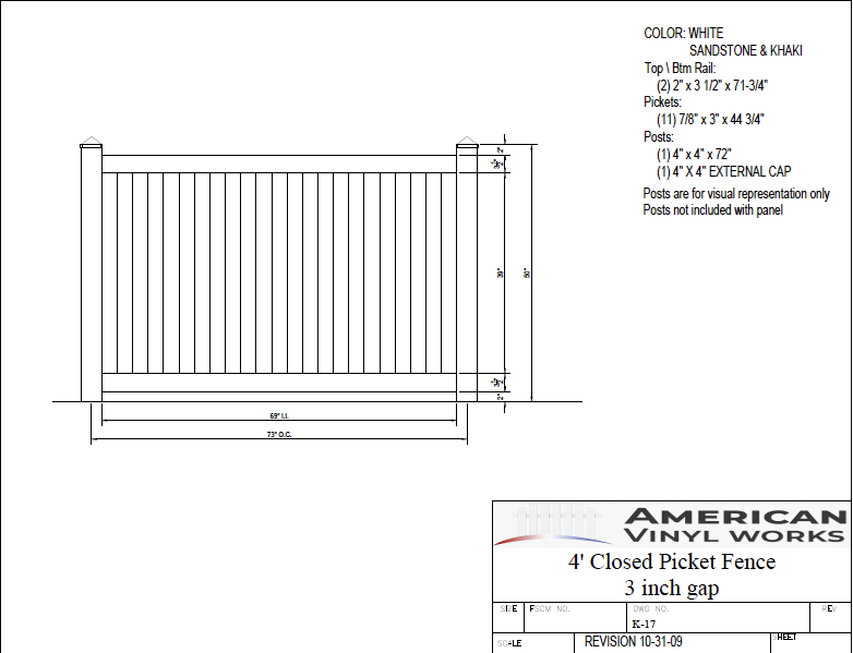 [75 Feet Of Fence] 4' Tall Closed Picket K-17 Vinyl Complete Fence Package