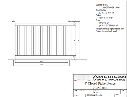 [75 Feet Of Fence] 4' Tall Closed Picket K-17 Vinyl Complete Fence Package