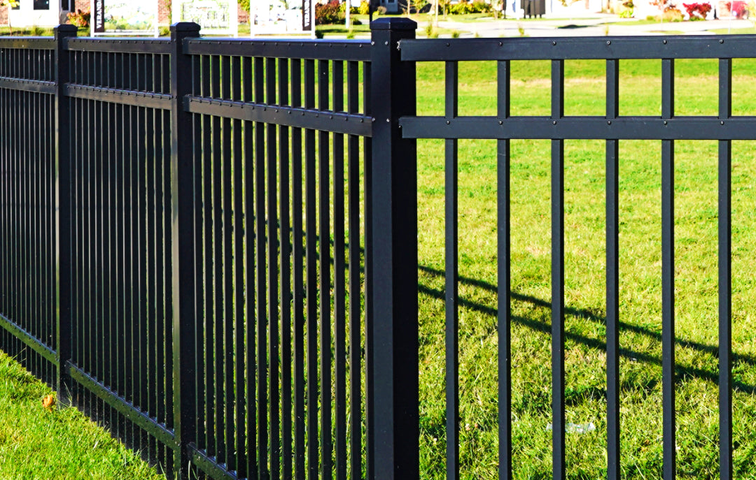 [PRICE PER FOOT] Ornamental Aluminum Flat Top 4' Tall 3-Rail Fence Panel with 3-7/8" Air Space