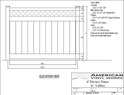 6' Tall x 8' Wide Privacy Fence Panel with Lattice Accent For Vinyl Fences