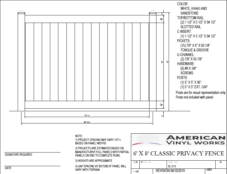 [Price Per Foot - K-373] 6' Tall Privacy Fence For Vinyl Fences