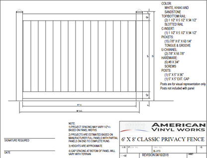 [Price Per Foot - K-373] 6' Tall Privacy Fence For Vinyl Fences
