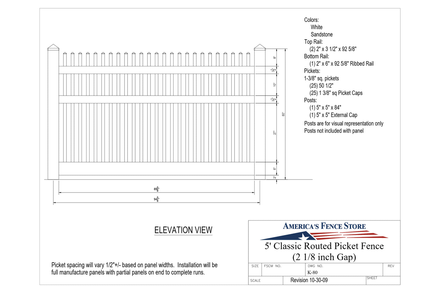 [K-80] 5' Classic Routed Picket Fence Panel For Vinyl Fences