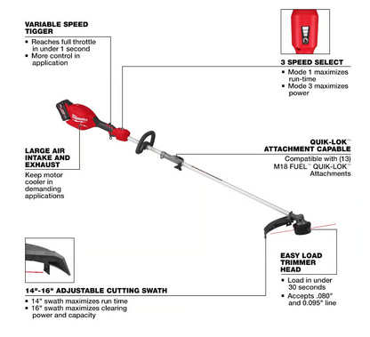Milwaukee M18 FUEL Quik-Lok 3016-21ST 16 in. 18 V Battery String Trimmer Kit (Battery & Charger)