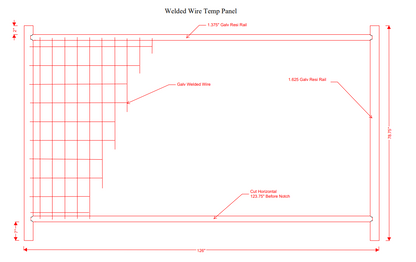 Diagram of a welded wire temporary fence panel with labeled measurements, showcasing galvanized welded wire mesh and reinforced rails for durability and stability.