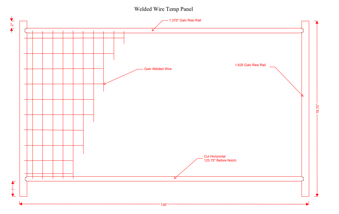 Technical drawing of a welded wire temporary fence panel, featuring galvanized steel rails (1.375” and 1.625”), welded wire mesh, and panel dimensions of 126” width by 78.75” height. Includes labeled cut points and structural details for temporary fencing applications.