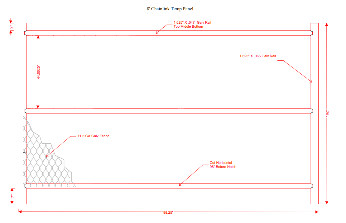 8' chain link temporary fence panel diagram with galvanized steel frame and 11.5 GA fabric. Ideal for construction and events.