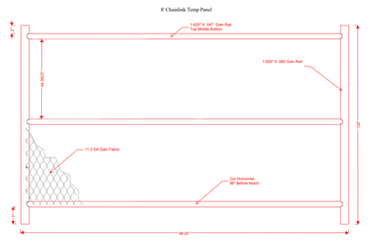 8' chain link temporary fence panel diagram with galvanized steel frame and 11.5 GA fabric. Ideal for construction and events.