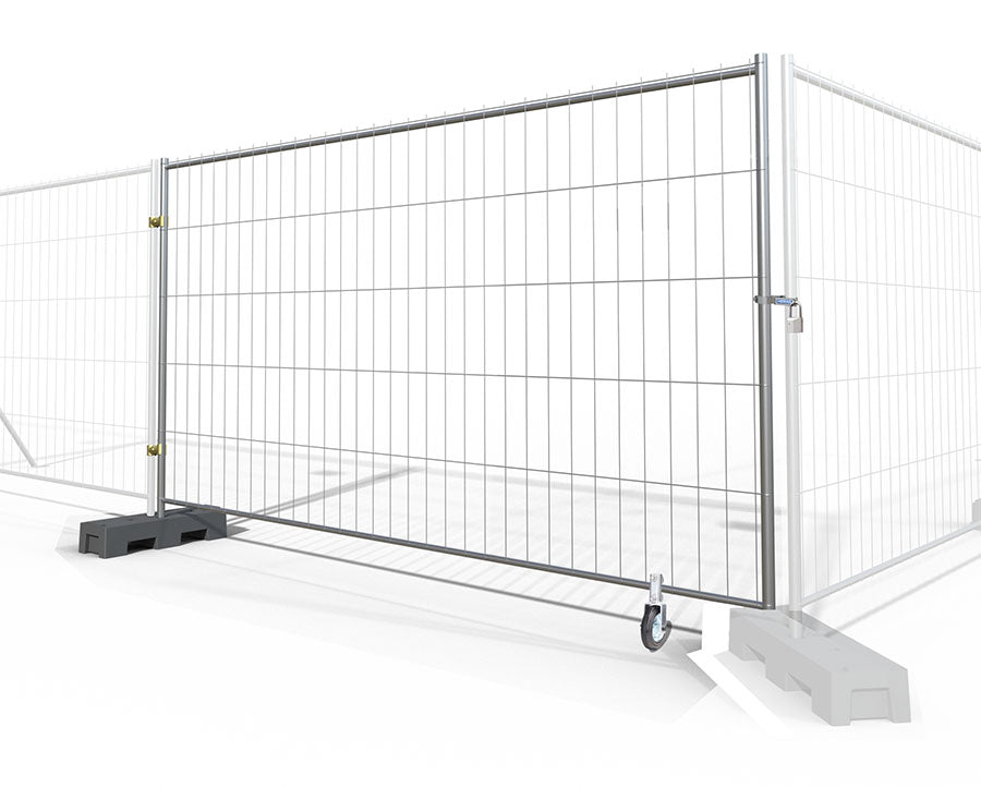 6x10 temporary fence gate kit featuring galvanized steel construction, a lockable latch, caster wheel for mobility, and durable base supports—ideal for construction sites, events, and crowd control.