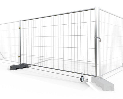 6x10 temporary fence gate kit featuring galvanized steel construction, a lockable latch, caster wheel for mobility, and durable base supports—ideal for construction sites, events, and crowd control.
